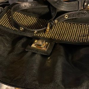 Badgley Mischka Black Leather Calf Hair Gold Stud Bag Purse Handbag Satchel
